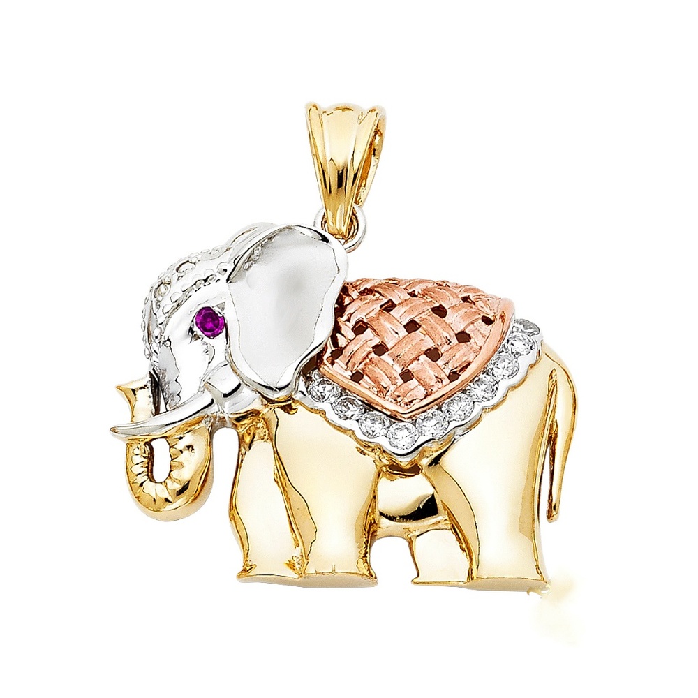 14K Tri Color CZ Elephant Pendant